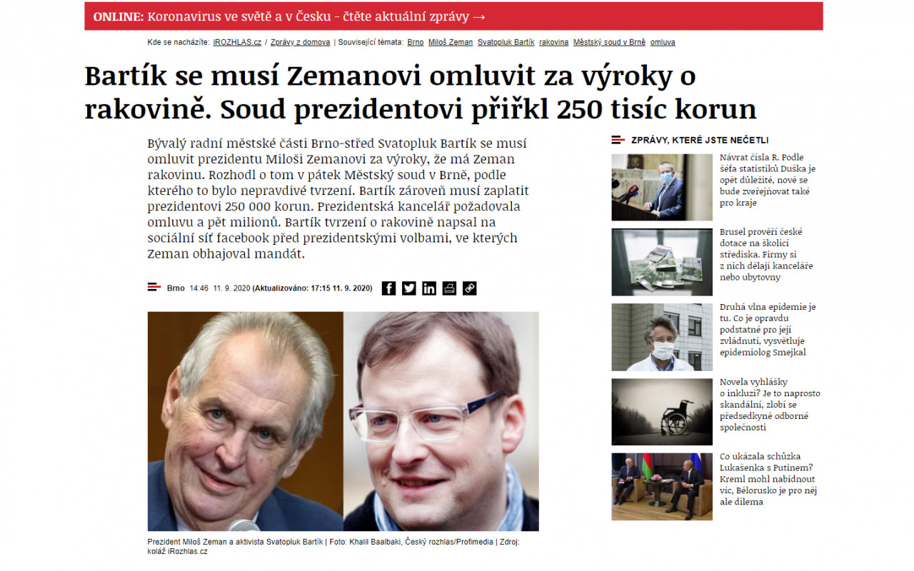 Pokrytí nákladů a finanční satisfakce v civilním sporu prezidenta Zemana se Svatoplukem Bartíkem