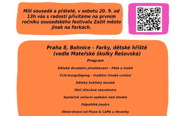 🧡 Podpořte první sousedskou slavnost na hřišti Farky v rámci Zažít město jinak!