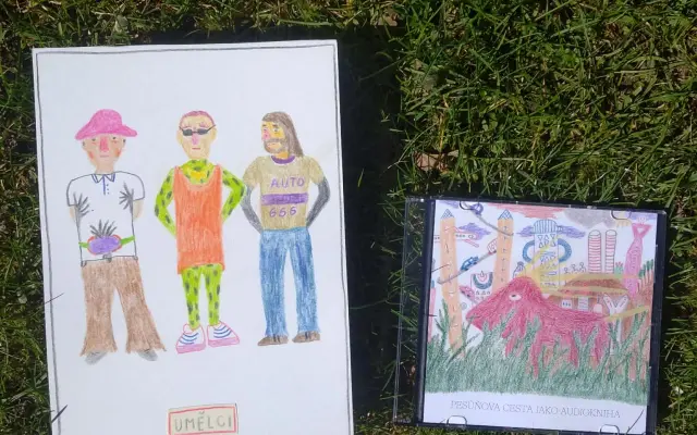 Originál ilustrace z knížky Pesůňova cesta od Tadeáše Poláka a CD s audioknihou Pesůňovy cesty