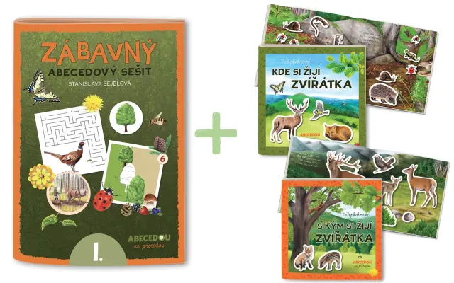 1 x Zábavný abecedový sešit + 1 x samolepkový sešit Kde si žijí zvířátka + 1 x samolepkový sešit S kým si žijí zvířátka