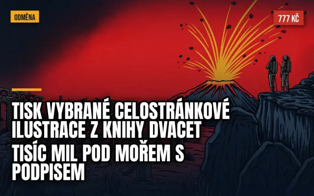 Tisk vybrané celostránkové ilustrace z knihy Dvacet tisíc mil pod mořem s podpisem