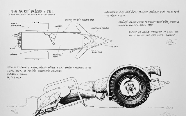 Grafika "Pluh na rytí držkou v zemi" Jiří Černický