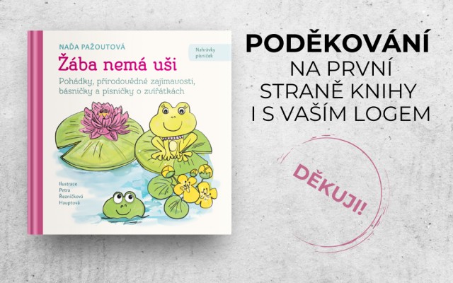 Poděkování na první stránce knížky včetně vašeho loga