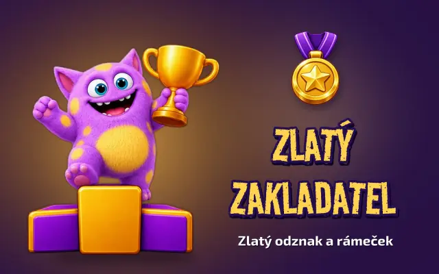 Zlatý zakladatel: zlatý odznak, rámeček a 5 000 mincí