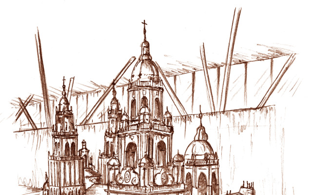 Patron knižních ilustrací - model katedrály s hrobem sv. Jakuba Staršího