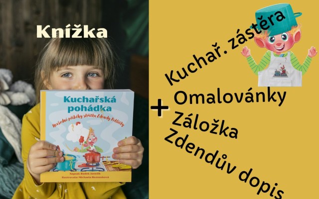 Plná výbava do kuchyně 📚💌👨🍳 – knížka Kuchařská pohádka, s osobním dopisem od skřítka Zdendy, kuchařská zástěra a další dárky (nejen) do kuchyně