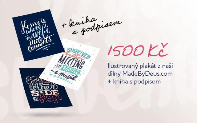 Ilustrovaný plakát z naší dílny MadeByDeus.com a kniha s podpisem