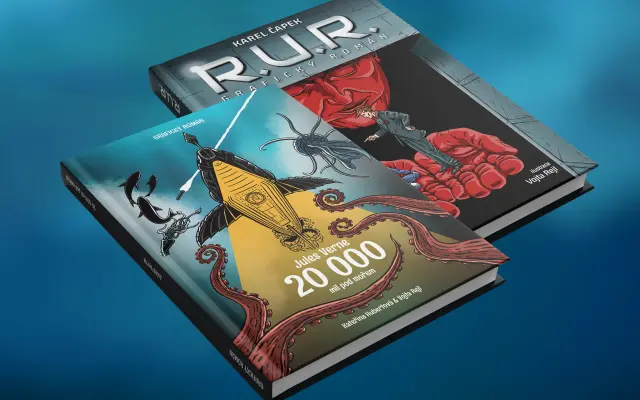 Dvojice Vojtou ilustrovaných knih Dvacet tisíc mil pod mořem a R.U.R.