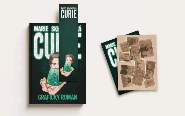 Komiks Marie Curie s věnováním, pohlednicí a záložkou